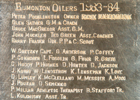 The 1983-84 Edmonton Oilers engraving with the X'd out Basil Pocklington.