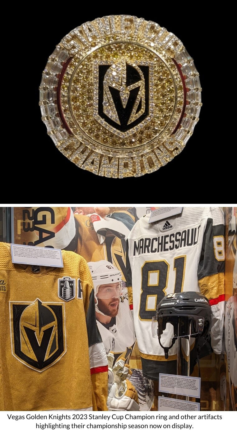 Las Vegas Golden Knights Stanley Cup Champion Ring Exhibit at the Hockey Hall of Fame, showcasing the Vegas Golden Knights' Stanley Cup win.