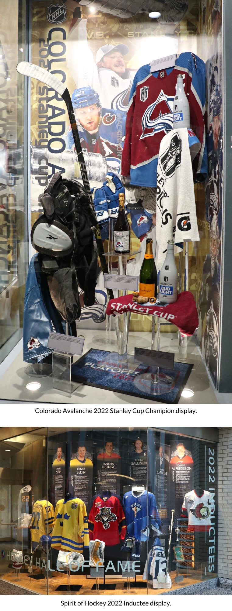 Items from the Colorado Avalanche's 2022 Stanley Cup Champinoship on display at the Hall.